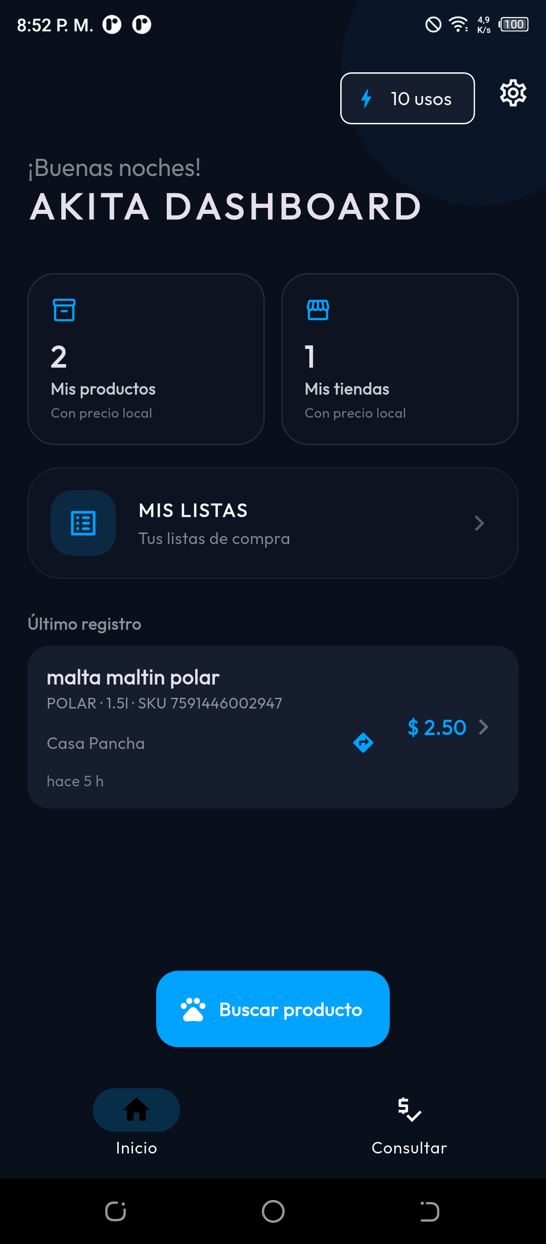Pantalla de inicio de AKITA